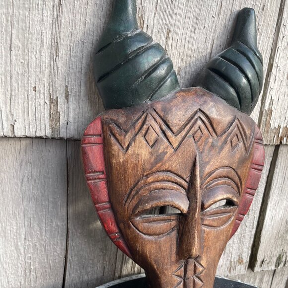 Horned Demon Decorative Tribal Face Mask Hand Carved Wooden - Picture 6 of 8